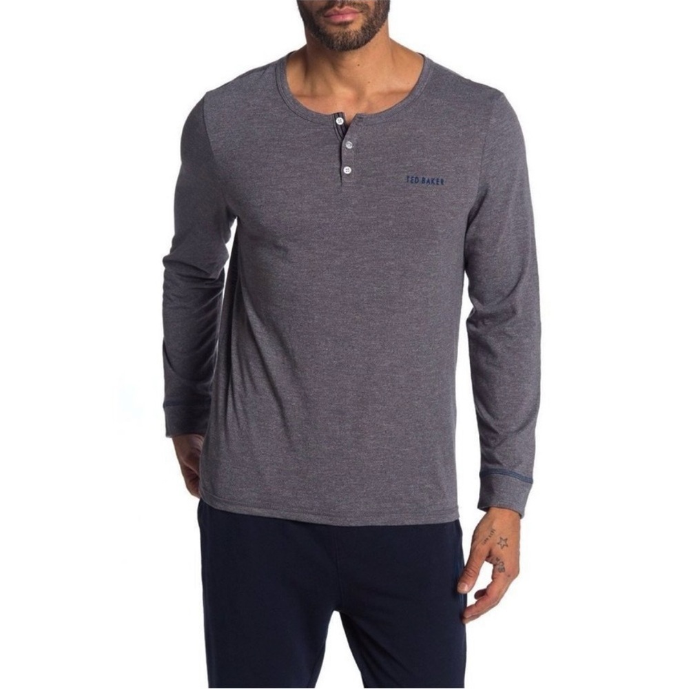 🌻Ted Baker London Gray Knit Henley Long Sleeve Button Placket Casual Top XL